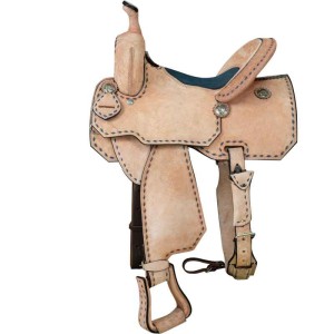 A barrel racing western saddle featuring a full leather roughout cover with half padded seat, customizable seat, color and personalized silver conchos